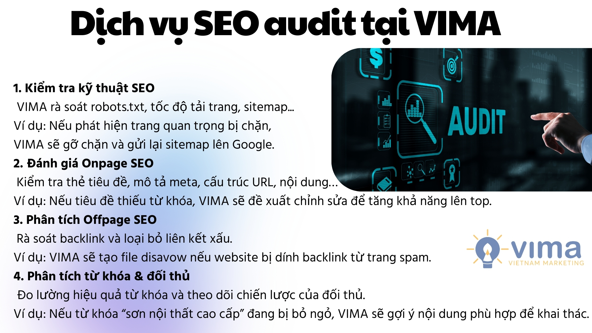 Dịch vụ kiểm tra SEO toàn diện tại VIMA giúp phát hiện lỗi, tối ưu website và xây dựng chiến lược nâng thứ hạng bền vững trên Google