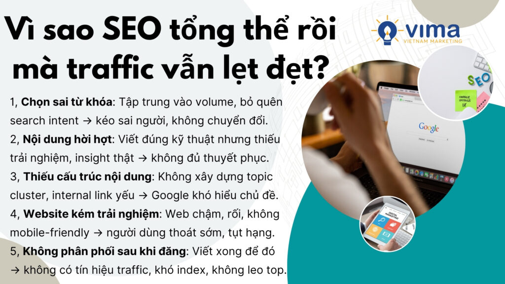 SEO tổng thể thất bại vì triển khai sai: từ khóa sai, nội dung hời hợt, web kém, không phân phối nội dung.