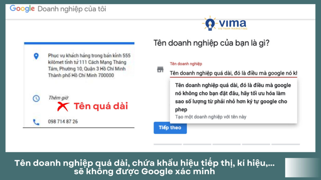 Nhồi nhét từ khóa trong tên doanh nghiệp tưởng giúp nổi bật nhưng lại khiến Google đánh dấu spam và từ chối xác minh.
