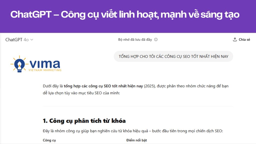 ChatGPT mạnh về sáng tạo nội dung tự nhiên, đa dạng định dạng nhưng cần kết hợp công cụ SEO để tối ưu kỹ thuật.