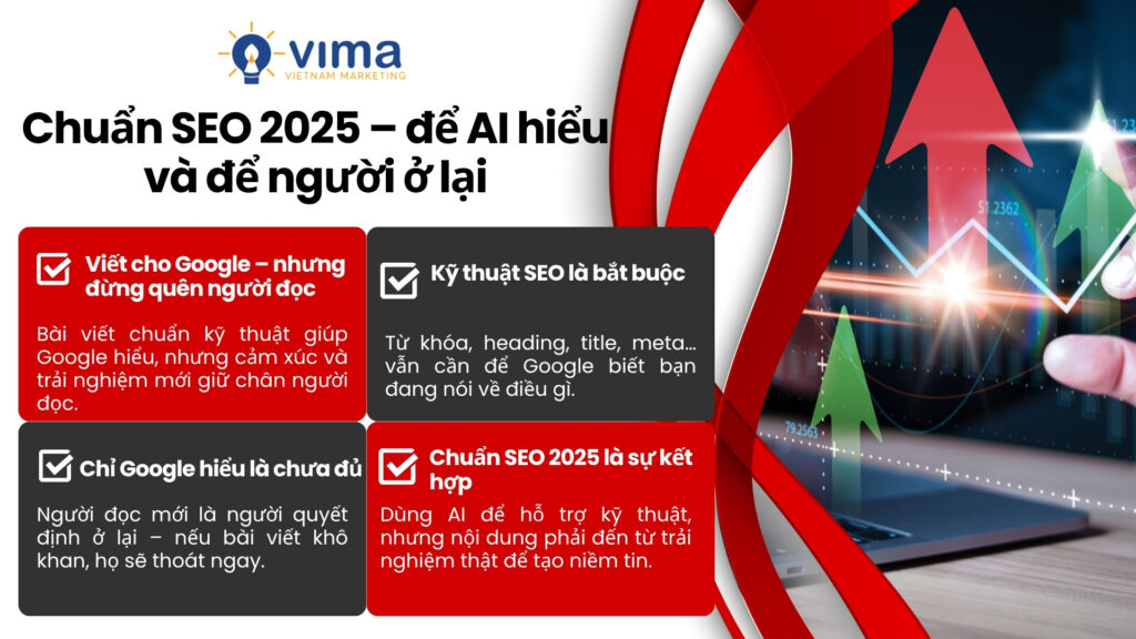Chuẩn SEO 2025 là kết hợp kỹ thuật để Google hiểu và nội dung thật để giữ chân người đọc.