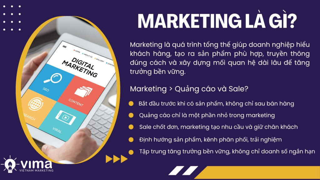 Marketing là hành trình tạo giá trị và giữ chân khách hàng, không chỉ quảng bá hay bán hàng.
