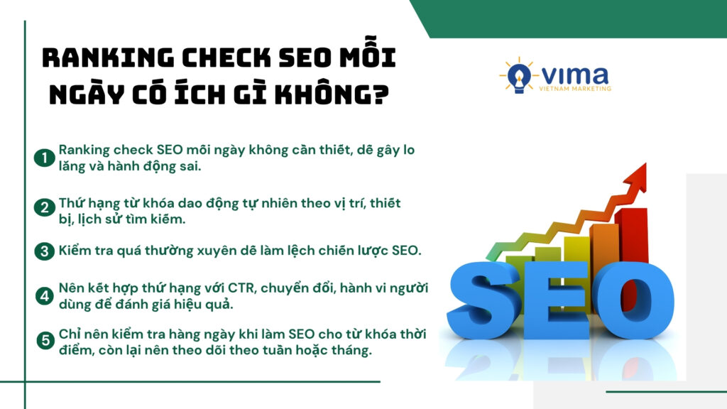 Ranking check SEO mỗi ngày dễ gây nhiễu, nên theo dõi theo chu kỳ và gắn với hiệu suất thực tế.