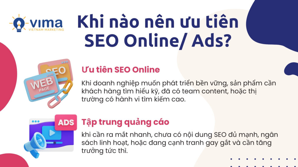 Chọn SEO khi cần phát triển bền vững, chọn Ads khi cần tăng trưởng nhanh – kết hợp đúng lúc mới là chiến lược hiệu quả.