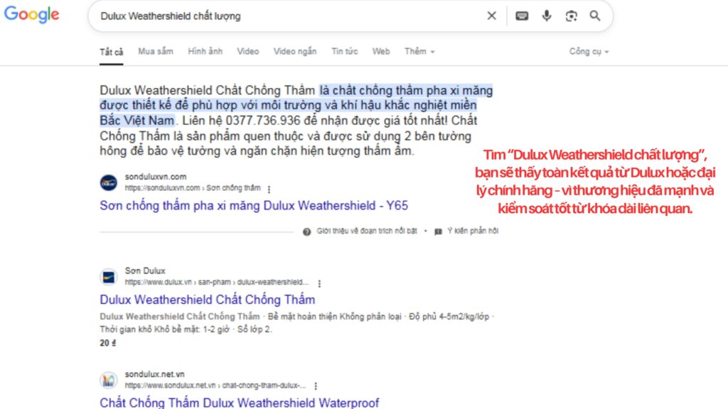 Nhờ xây dựng thương hiệu mạnh, Dulux dễ dàng chiếm top với các từ khóa dài như “Dulux Weathershield chất lượng”.