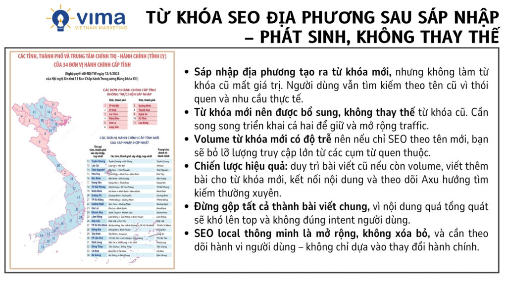 Từ khóa địa phương sau sáp nhập: Đừng thay, hãy thêm – vì người dùng vẫn tìm theo tên cũ.