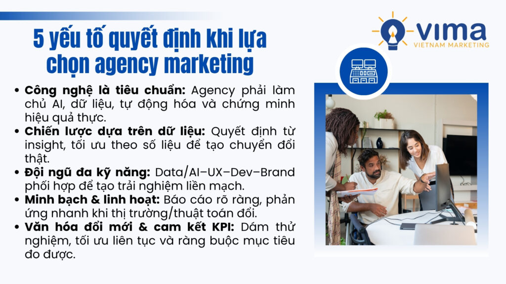 Agency 4.0 đáng chọn: làm chủ công nghệ–dữ liệu, đội đa kỹ năng, minh bạch–linh hoạt, văn hóa đổi mới và dám cam kết KPI.