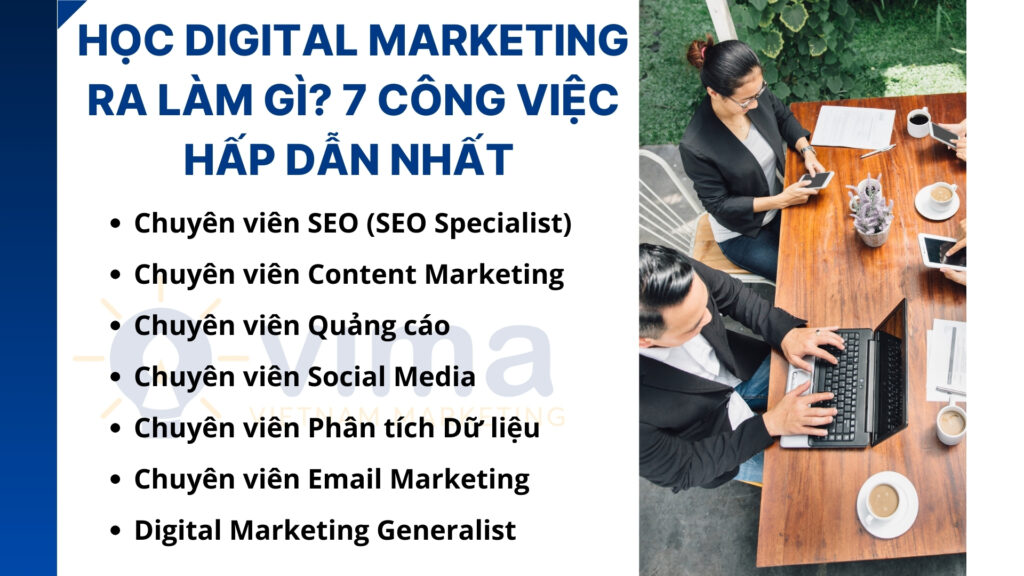 Học Digital Marketing có thể làm 7 vị trí: SEO, Content, PPC, Social Media, Data Analyst, Email và Generalist.