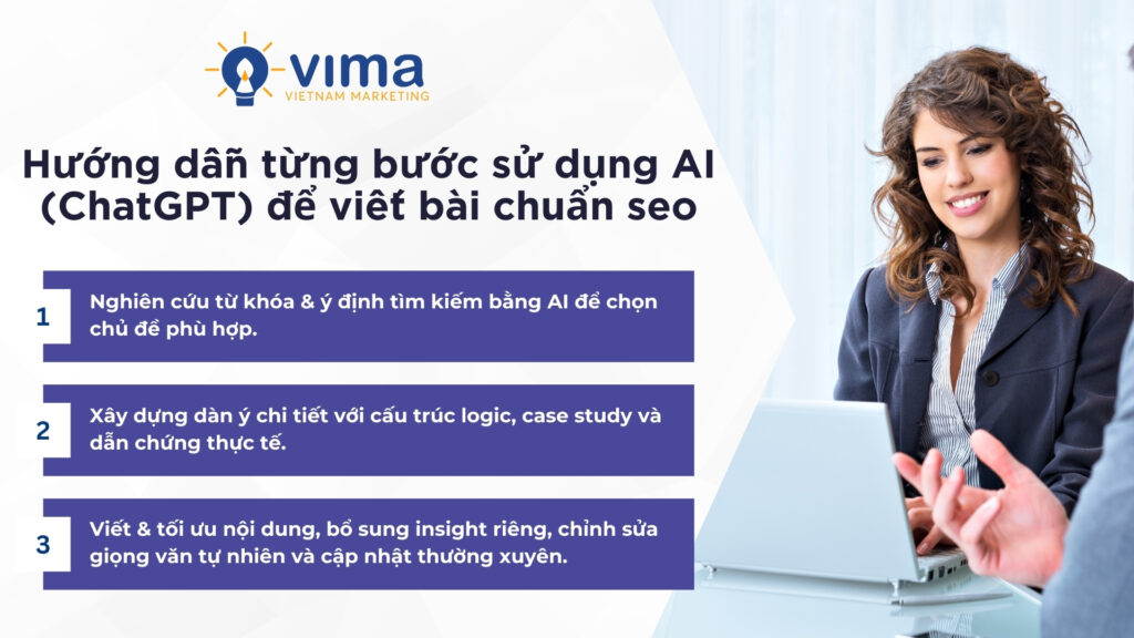 Hướng dẫn 3 bước dùng AI viết bài chuẩn SEO hiệu quả và bền vững.
