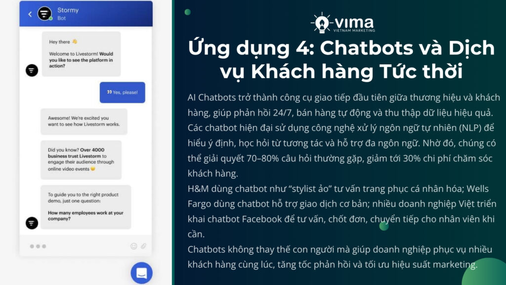 AI Chatbots hỗ trợ khách hàng 24/7, tự động hóa tư vấn và tăng hiệu quả chuyển đổi.