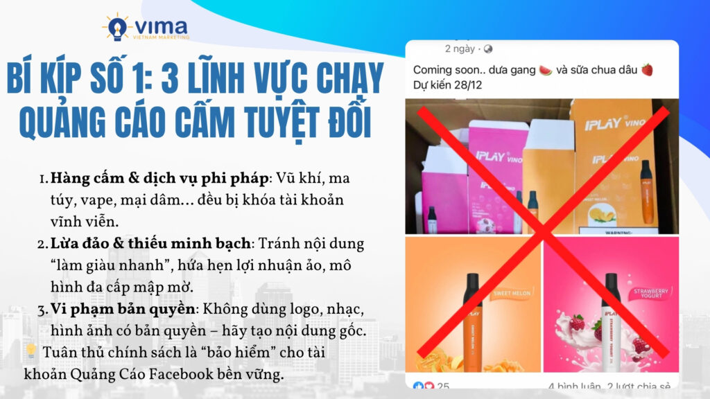 Hiểu 3 lĩnh vực cấm tuyệt đối giúp quảng cáo Facebook an toàn, tránh bị khóa tài khoản.