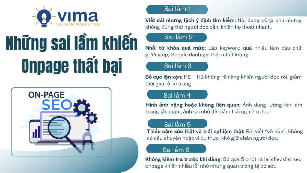 Onpage dễ thất bại vì lệch intent, nhồi từ khóa, bố cục rối và thiếu kiểm tra cuối.