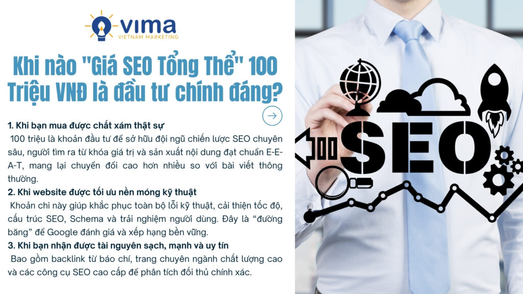 SEO tổng thể 100 triệu là đầu tư xứng đáng khi mua được chất xám, kỹ thuật và tài nguyên sạch.