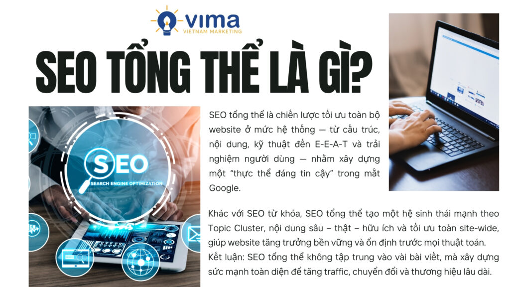 SEO tổng thể là chiến lược xây dựng toàn bộ hệ thống website mạnh và bền vững trên Google.