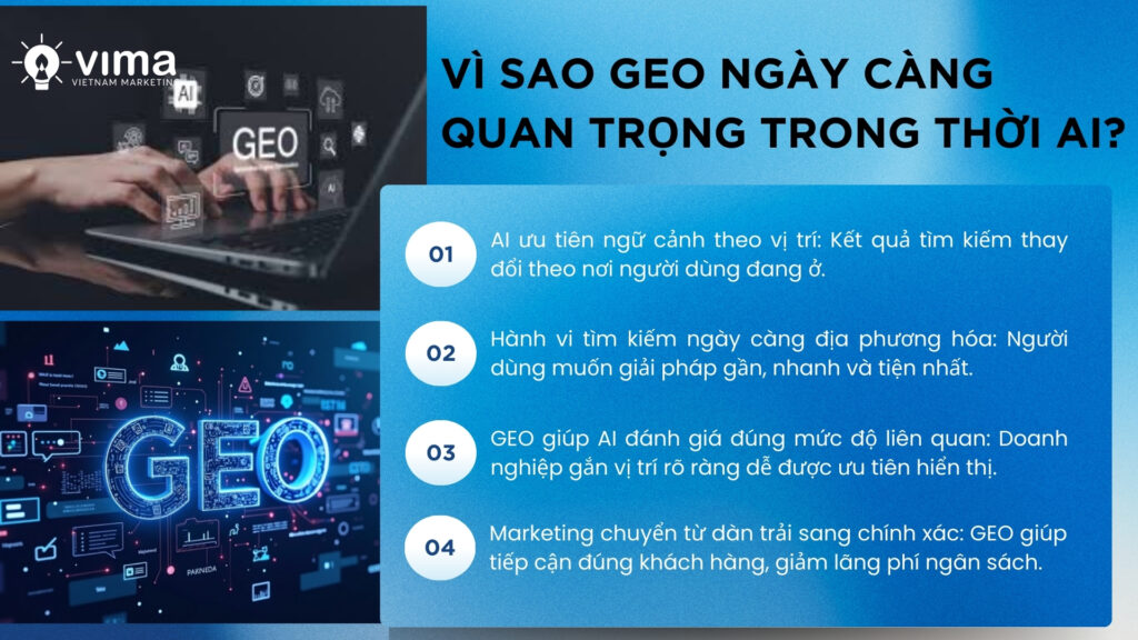 GEO giúp AI hiển thị đúng doanh nghiệp theo vị trí và nhu cầu người dùng.