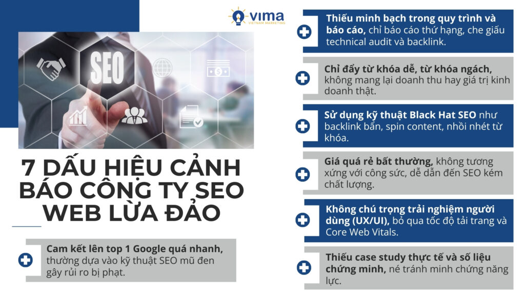 Công ty SEO web lừa đảo thường tạo ấn tượng đẹp ban đầu nhưng ẩn bên trong là quy trình mập mờ và chiến lược thiếu an toàn.