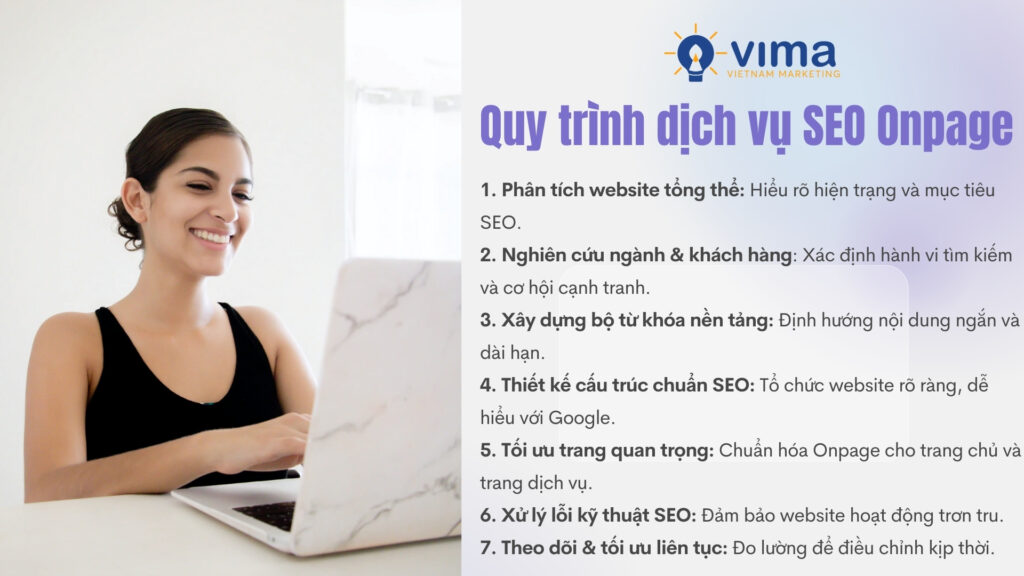 Quy trình SEO Onpage của VIMA giúp website mới xây nền móng chuẩn, tăng trưởng đúng hướng và bền vững.