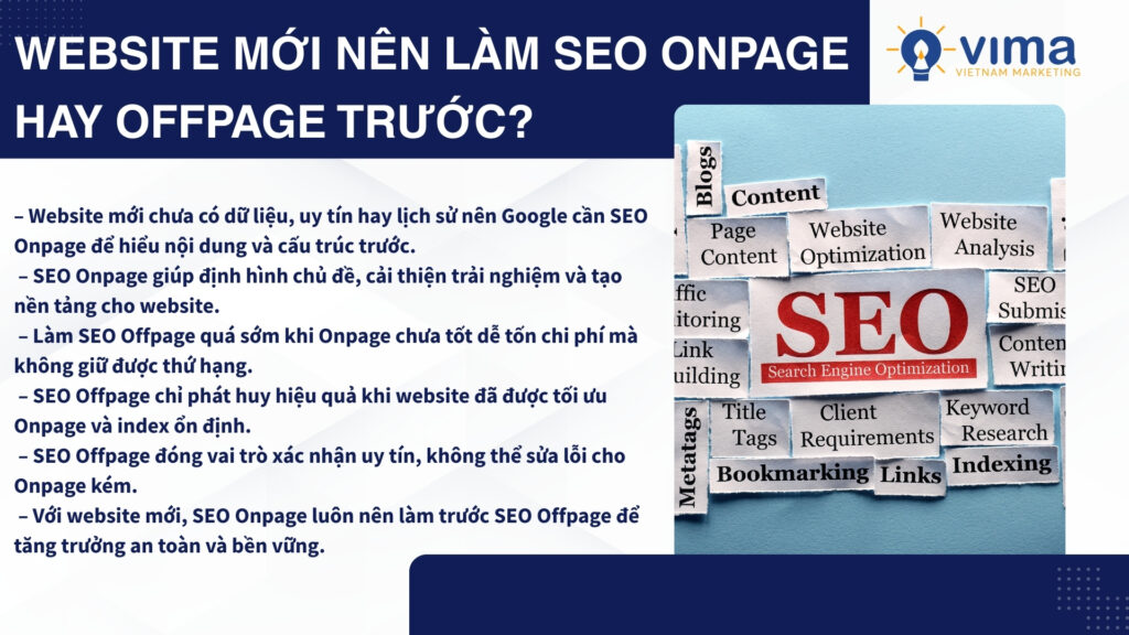 Website mới nên ưu tiên SEO Onpage trước, SEO Offpage chỉ hiệu quả khi nền tảng đủ vững.