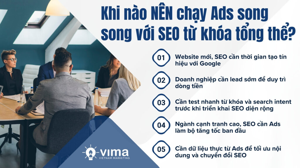 Nên chạy Ads song song khi SEO từ khóa tổng thể cần tăng tốc và tạo lead sớm.