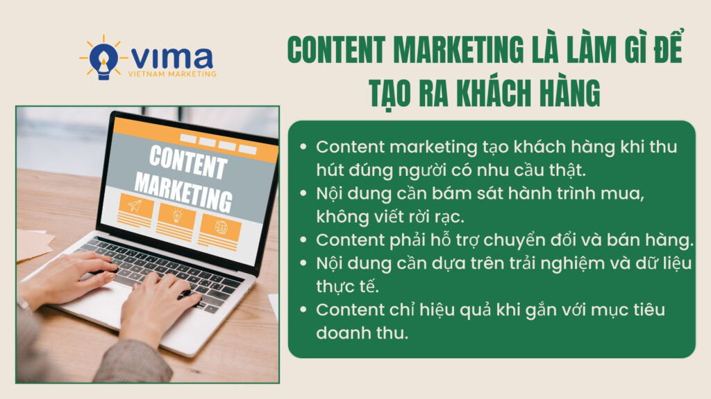 Content marketing tạo khách hàng khi thu hút đúng nhu cầu và dẫn dắt chuyển đổi.