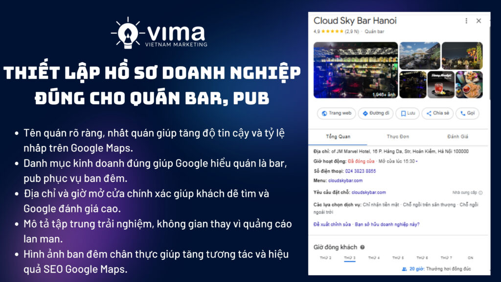 Thiết lập hồ sơ Google Maps đúng giúp bar, pub hiển thị chính xác và thu hút khách.