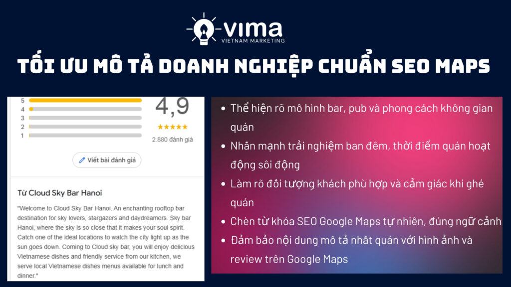 Mô tả doanh nghiệp chuẩn Hướng dẫn SEO Google Maps giúp bar, pub hiển thị đúng và thu hút khách.