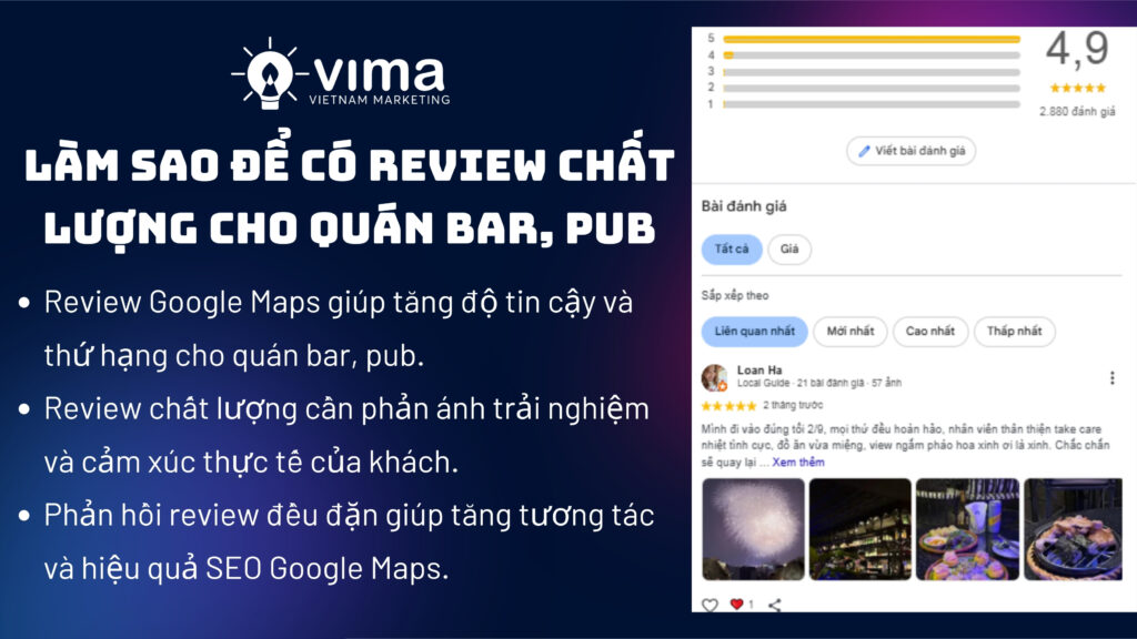 Review chất lượng giúp tăng độ tin cậy và hiệu quả hiển thị của quán bar, pub trên Google Maps.