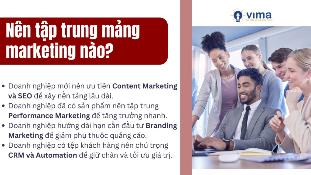 Doanh nghiệp nên tập trung mảng marketing phù hợp giai đoạn để tối ưu hiệu quả và nguồn lực.