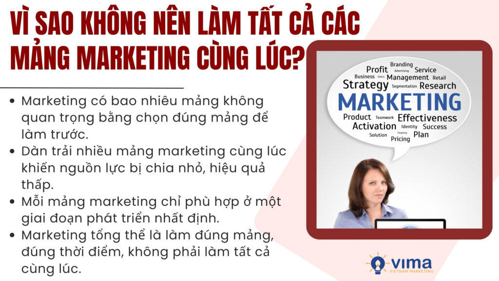 Dàn trải nhiều mảng marketing cùng lúc khiến doanh nghiệp tốn lực nhưng khó tạo hiệu quả.