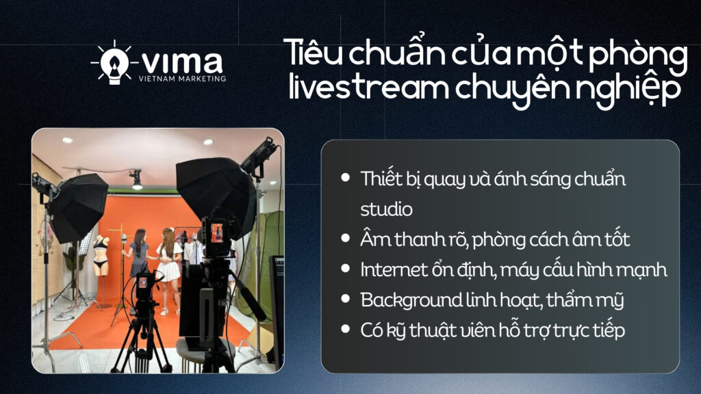 Phòng livestream chuyên nghiệp cần đủ thiết bị, kỹ thuật ổn định và không gian chuẩn bán hàng.