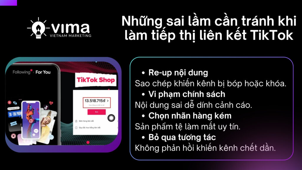 Các sai lầm phổ biến gồm sao chép nội dung, vi phạm chính sách, chọn nhãn hàng kém và thiếu tương tác.