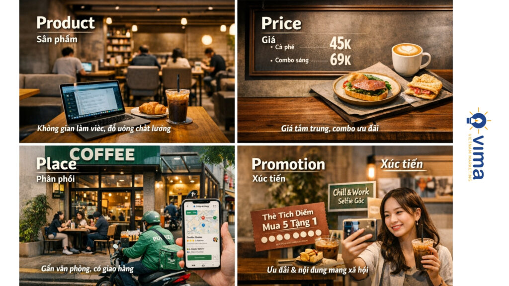 Ví dụ thực tế cho thấy 4P trong marketing mix vận hành đồng bộ trong kinh doanh đời sống.