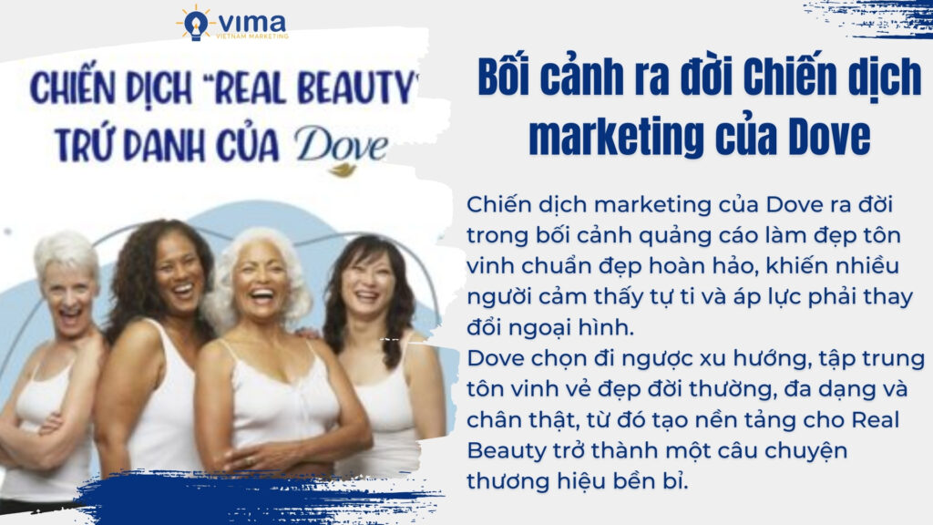 Chiến dịch marketing của Dove xuất hiện để phản ứng lại chuẩn đẹp phi thực tế và đề cao vẻ đẹp chân thật.
