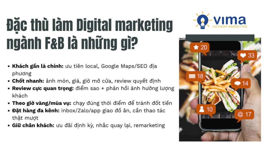Digital marketing F&B tập trung khách gần, chốt nhanh nhờ hình ảnh, review và điểm chạm mượt.