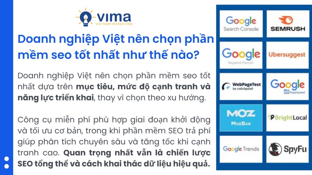 Doanh nghiệp nên chọn phần mềm SEO phù hợp mục tiêu và chiến lược.