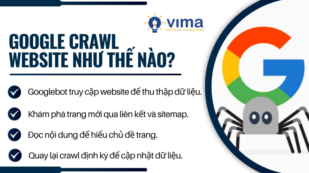 Googlebot thu thập dữ liệu website qua liên kết, sitemap và cập nhật định kỳ.