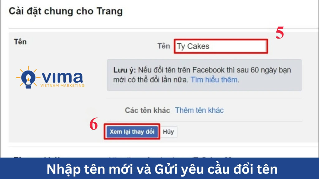 Nhập tên fanpage Facebook mới để đổi tên