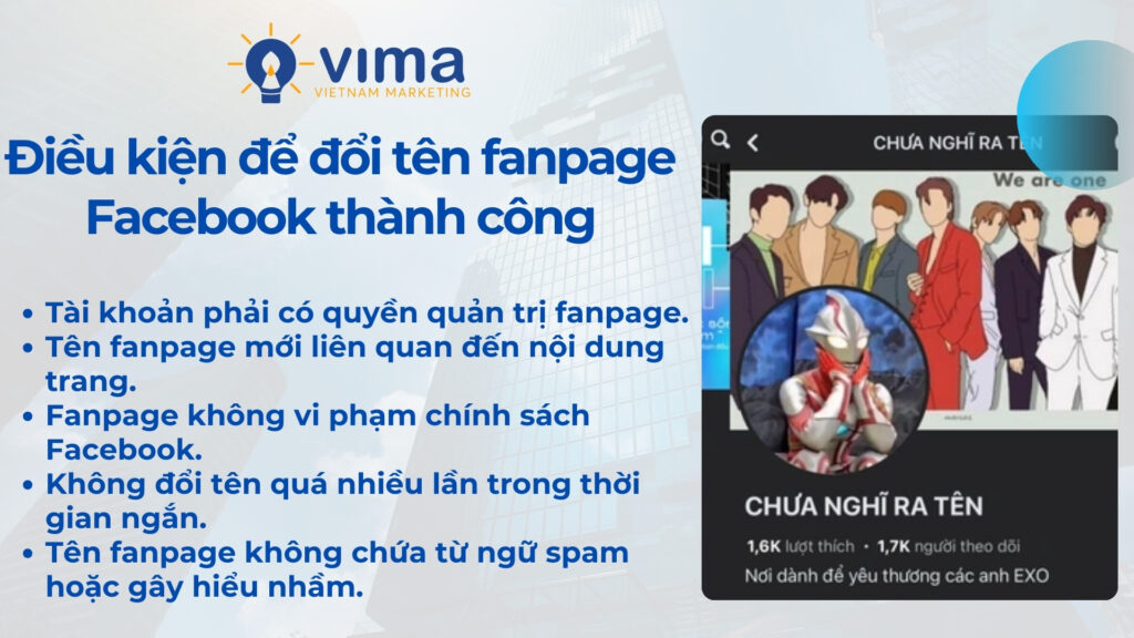 Các điều kiện cần biết để đổi tên fanpage Facebook thành công.