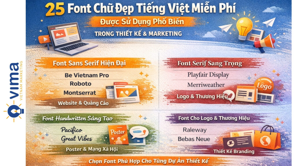 Dưới đây là những font chữ đẹp tiếng Việt miễn phí được sử dụng phổ biến trong thiết kế và marketing hiện nay.