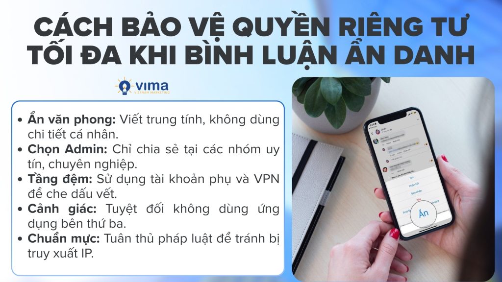 Thay đổi văn phong, dùng tài khoản phụ và chỉ chia sẻ ở nhóm uy tín để ẩn danh.
