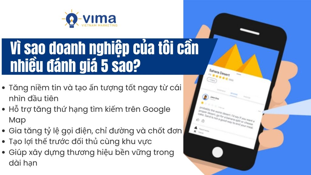 Nhiều đánh giá 5 sao giúp doanh nghiệp tăng uy tín, hiển thị tốt, hút khách và phát triển bền vững.